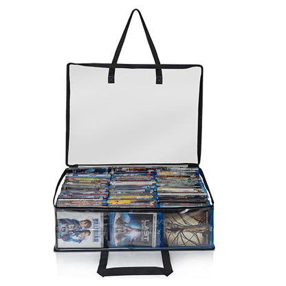 Besti Blu Ray Case Holder Organizer, Set of 2 Clear Plastic Bags with Handles for Storing Blurays, DVDs, CDs, Storage Bags for Video Game Cases, Holds Up To 90 Bluray and 60 DVD Cases (Black)