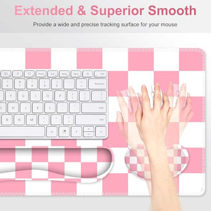 Pastel Pink White Checker Mouse Pad Set, 4 in1 Ergonomics Keyboard Desk Mat with Memory Foam Wrist Rest, Extended Game Mousepad, Non-Slip Large Gaming Desk Pad Matt Easy Typing Pain Relief - color: Pastel Pink White Checker
