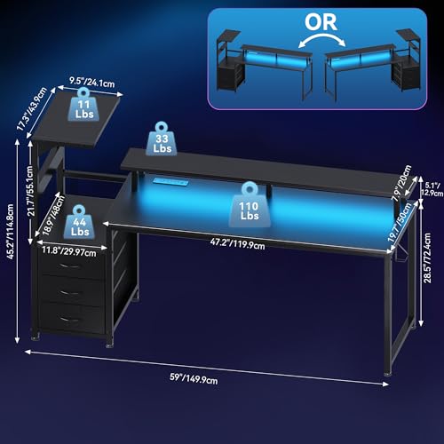 DUMOS L Shaped Gaming Desk with Shelves Storage Drawers 58'', Black Computer Desks with LED Lights Power Outlets, Office Wood Table with PC Stand Cable Management for Bedroom Dual Monitor Streaming