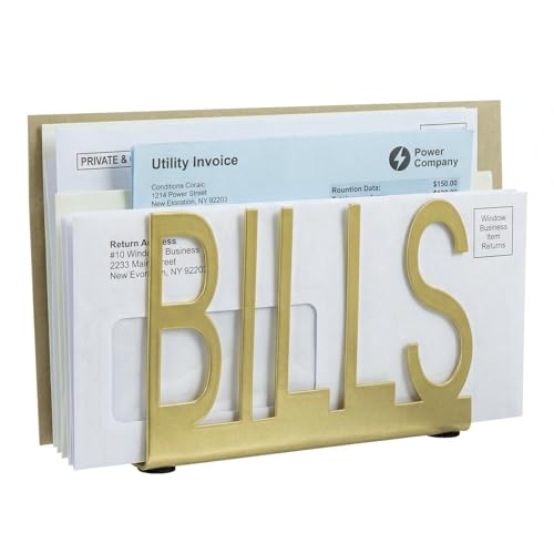 MyGift Gold-Tone Metal Desktop Mail Sorter Organizer with “Bills” Cut-Out Letter Design – Modern Letter Holder for Mail, Invoices, Documents & Office Desk Organization - color: Gold