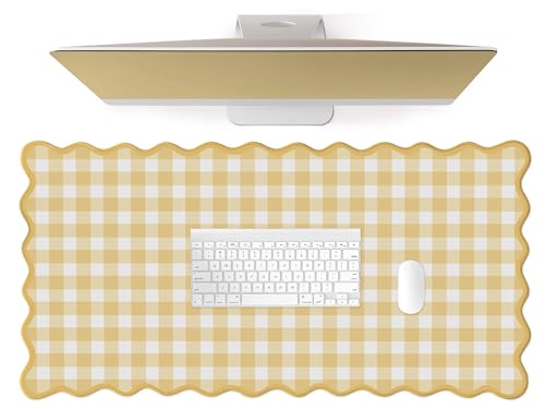 Scalloped‌ Checkered Gingham Desk Mat Cute Yellow Pastel Large Mouse Pad Kawaii Cottagecore ‌Vintage‌ Deskmat Girly Keyboard Computer Mat Aesthetic Desk Pad Office Decor for Women - color: A7-yellow