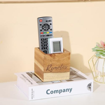 Remote Control Holder, Acacia Wooden Tv Remote Holder, Remote Holder for Table, Remote Control Storage Organizer Caddy (for 2 or 3 Remote Controls) 3.5 x3.5x3.5