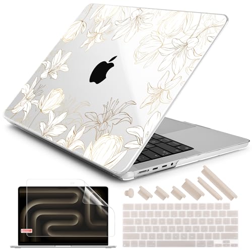 DONGKE Case for MacBook Pro 14 Inch (2026-2021 Release, M5 M4 M3 M2 M1 Pro/Max Chip), Plastic Slim Hard Shell Protective Cover with Keyboard Cover & Screen Protector, Golden Floral - color: Golden Floral X482