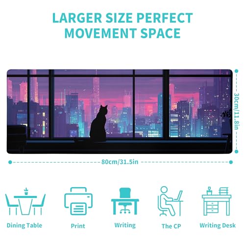 Cat Gaming Mouse Pad Abstract Kawaii Mouse Pad 31.5x11.8 Inch Cute Japanese Anime Desk Mat Non-Slip Rubber Base Large Mousepad Stitched Edges Keyboard Mouse Mat Desk Pad for Office and Home - color: Cat