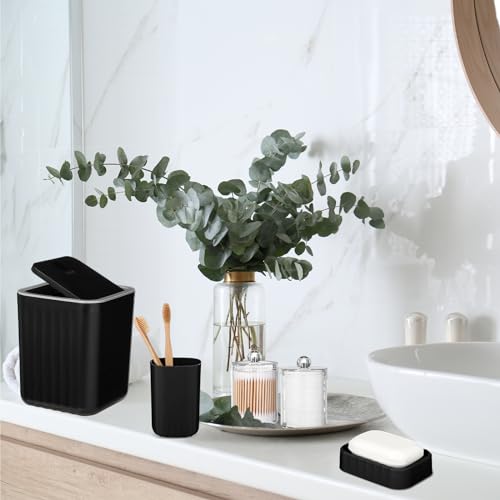 Hosuly 9 Pcs Bathroom Accessory Set Shower Curtain and 12 Hooks Table Trash Can Soap Dispenser Soap Dish Non Slip Bathroom Rugs Cup and Cotton Swab Holder Complete for Bathroom Decor (Black) - size: Black