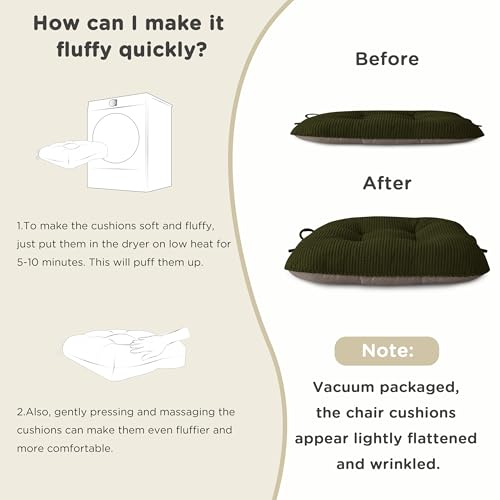 AddGrace Chair Cushions for Dining Chairs Set of 2 Non-Slip Kitchen Seat Cushions with Ties Tufted Thick Seat Pads for Indoor Kitchen Dining Furniture 17"x16"x3" Dark Green - color: Dark Green