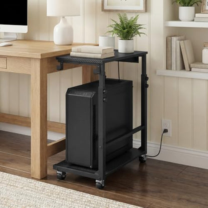 MAHANCRIS Computer Tower Stand with Power Outlet, Mobile PC Stand for Floor, Height Adjustable PC Holder Cart Under Desk, 26.6"-32.7" H, for Home Office, Gaming Room, Black PCHS215E01 - size: 19.7"L x 11.0"W x 26.6"H