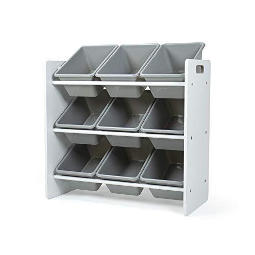 Humble Crew 9-Bin Toy Organizer – Explorer Natural White/Grey Plastic Bins, 3-Tier Storage Solution for Kids' Playrooms and Nurseries - color: Grey Bins/White Panel