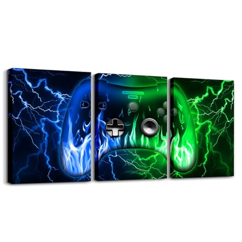 Feelyou Kids Gamer Canvas Wall Art for Living Room 12"x16" 3 Piece Gaming Picture Wall Decor Green Blue Game Controller Office Wall Decorations Artwork Posters Lightning Geometric Square Wall Painting - color: Green and Blue Black1