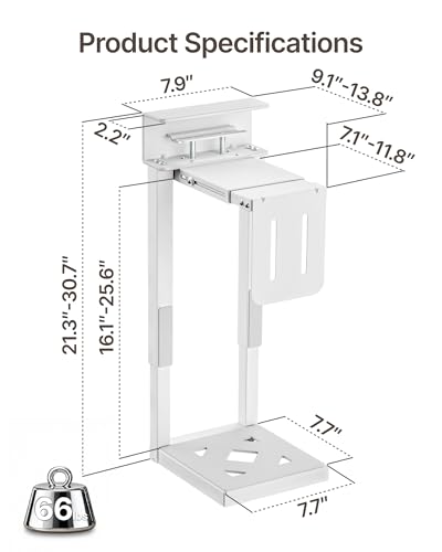 monTEK Under Desk PC Mount, Heavy Duty Adjustable PC Holder for Standing Desk & Home Office, Fits Most PC Cases 16.1”-25.6” (H), Space Saving CPU Mount, No-Drill Installation, 66 lbs, White - color: White