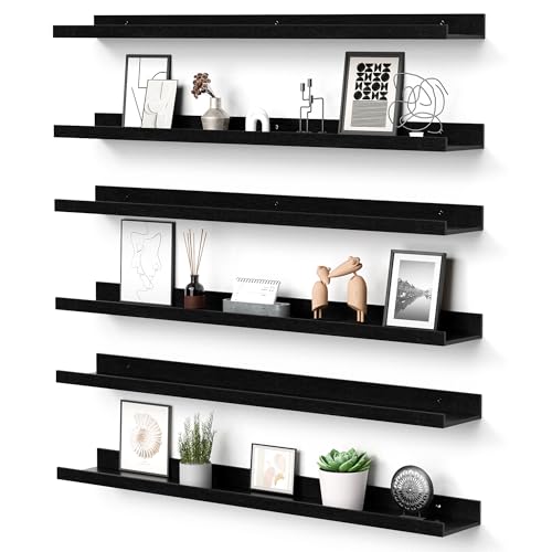 upsimples Floating Shelves for Wall, 35.5 Inch Shelves for Decor Storage Set of 6, Wall Mounted Wood Shelf for Bedroom, Living Room, Bathroom, Kitchen, Long Picture Ledge Shelves, Black - color: Black, size: 35.5in