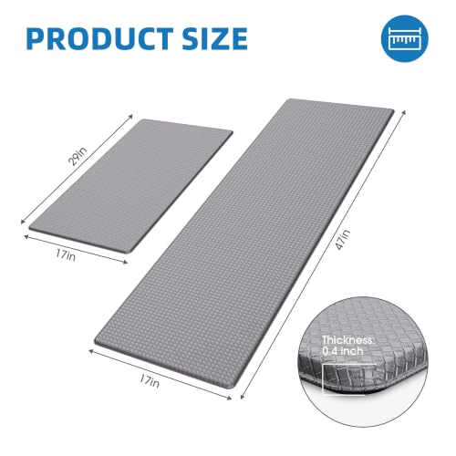 Kitchen Mats for Floor 2 Piece - 17"x29"+17"x47" Anti Fatigue Mats for Kitchen Floor - Non Slip Cushioned Rugs for Standing - Grey - color: Grey, size: 2pc: 17" x 29" + 17" x 47"