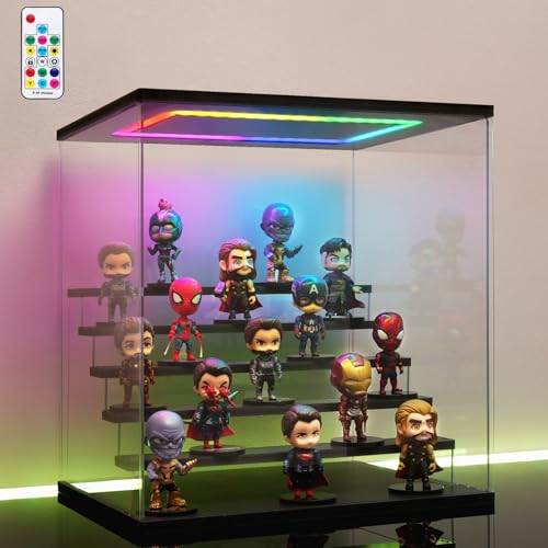 Clear Acrylic Display Case with Light , 6 Tier Multiple Color Lights Display Box Stand Assembly Dustproof Protection Showcase for Collectibles Action Figures (Black 6 Tier S 15.8*12.6*16.5in) - color: Black-colorful light, size: 6 Tier S 15.8*12.6*16.5in；