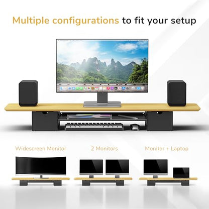 Mount-It! Extra Wide 39" Real Solid Bamboo Dual Monitor Stand Riser, 2 Metal Drawers + Shelf, 66 lbs, Built-In Device Slot, Home Office Desk Organizer
