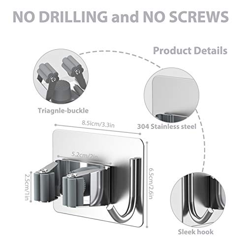 homeasy Mop Broom Holder No Drill, Mop Broom Organizer Wall Mounted Heavy Duty with Hooks Hanger, Self Adhesive Stainless Steel 6Pcs for Bathroom, Kitchen, Office (Silver) - color: Silver