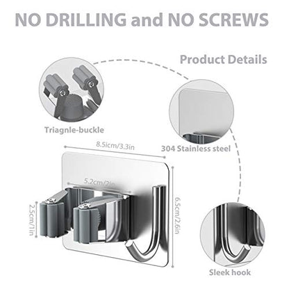 homeasy Mop Broom Holder No Drill, Mop Broom Organizer Wall Mounted Heavy Duty with Hooks Hanger, Self Adhesive Stainless Steel 6Pcs for Bathroom, Kitchen, Office (Silver) - color: Silver