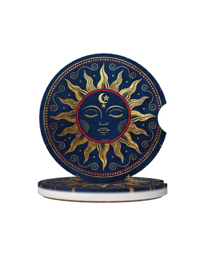 Car Cup Holder Coasters, 2 Pcs Ceramic Coasters with Finger Slot and Cork Back, Anti-Slip Shock Absorbing Women and Men Universal Car Accessories - Art Sun - color: Art Sun