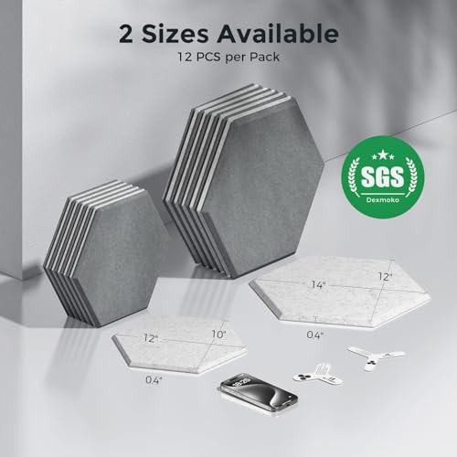 Self-Adhesive Acoustic Panels [390 lbs/yd³ Ultra-High Density], 2nd Generation Sound Absorbing Panel, Professional Level Sound Panel, Polyester Soundproof Foam [Medium Hexagon, MoonGrey & SilverGrey] - color: Moon Grey & Silver Grey, size: Medium Hexagon