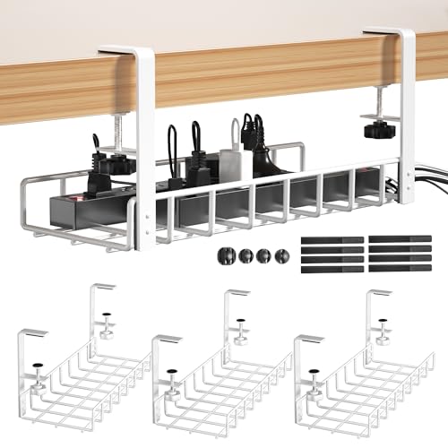 3 Pack Cable Management Under Desk Tray, 47.1" No Drill Under Desk Wire Management with Upgraded Clamp, Metal Cord Organizers with Cable Organizers, PC Cord Organization Rack, White - color: White, size: 3 Pack (Standard)