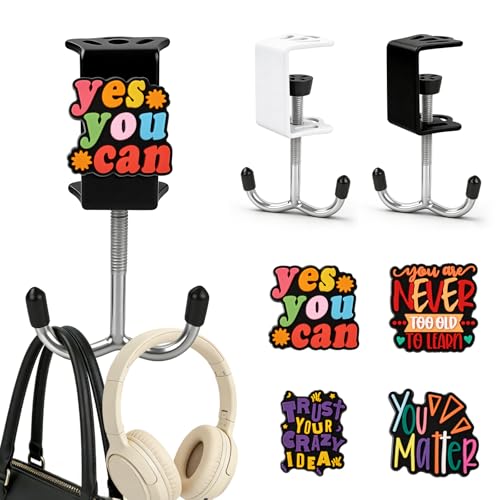 AULEEP 2 Pack Clamp-On Under Desk Bag Hanger, Adjustable Purse Hook for Table with Cute DIY Stickers, 100 lbs Capacity Heavy-Duty Desk Organizer Hooks for Handbag, Backpack, Headphone, Black & White - color: Black & White