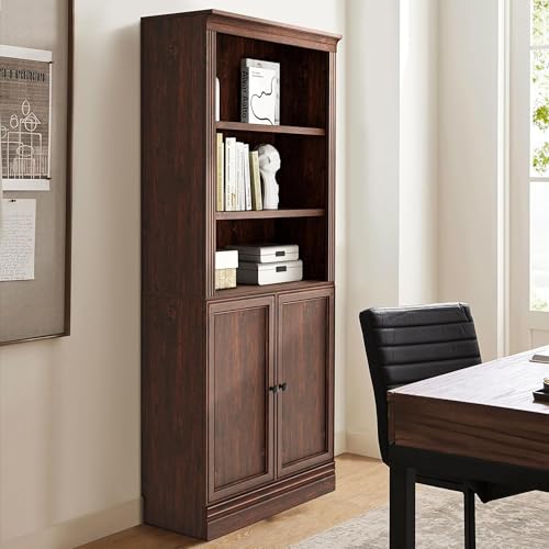 JAHRSTIM Halston Bookcase with Doors, 5-Tier Tall Storage Shelf, Adjustable Shelving Unit Closet Organizer and Storage for Living Room Home Office Bedroom, Modular Bookcase Bookshelf with Doors - color: Dark Cherry, size: Standard w/Doors