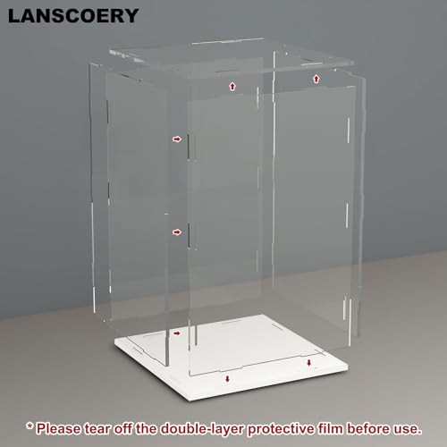 LANSCOERY Acrylic Display Case, 8x8x10 in, Upgraded Thickened UV-Resistant Showcase, 98% Clarity Dustproof Box with Glossy White Base for Action Figures, LEGO & Models, Includes Scraper & LED Light - color: White, size: 8x8x10inch; 20x20x25cm