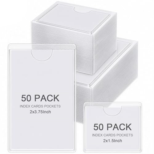Outus 100 Pcs Index Card Pockets, 2 x 3.75, 2 x 1.5 Inch Clear Self Adhesive Labels Pocket for Business, Plastic Label Sleeves with Top Open for Organizing Storage Bins Library Card Shelves Scrapbook - size: 2 x 3.75, 2 x 1.5 Inch