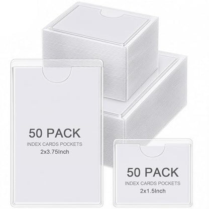 Outus 100 Pcs Index Card Pockets, 2 x 3.75, 2 x 1.5 Inch Clear Self Adhesive Labels Pocket for Business, Plastic Label Sleeves with Top Open for Organizing Storage Bins Library Card Shelves Scrapbook - size: 2 x 3.75, 2 x 1.5 Inch