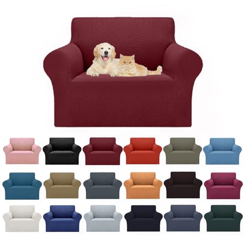 Cupuamon 2026 New Stretch Chair Sofa Slipcovers Couch Cover for 1 Seater Furniture Protector Sofa Covers with Elastic Bottom Jacquard Fabric Small Checks for Pets, Kids - Dark Red - color: Dark Red, size: Chair