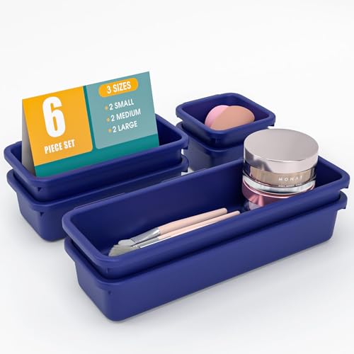 6 PCS Drawer Organizer Set, 3 Size Makeup Drawer Divider Organizer With Non-Slip Pads, Interlocking Plastic Storage Bins for Office,Jewelry Vanity,Gadgets, Bathroom,Kitchen, Navy - color: Navy, size: 6Pack