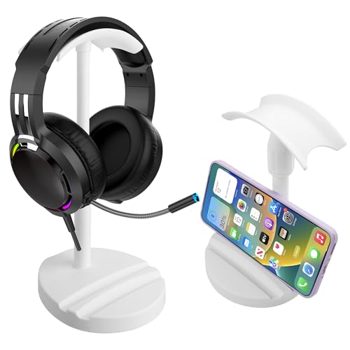 YAODHAOD Desktop Headphone Stand, Universal Headphone Holder with Phone Holder,Anti-Slip Base, for Desk, Office, Home Headphones Support Accessory (White) - color: White