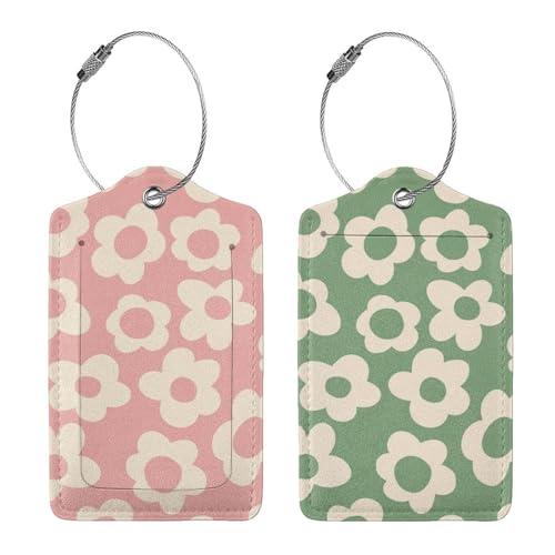 2 Pcs Pink Green Hippie Flower Luggage Tags for Suitcase, Cute Vintage Groovy Flowers Gift for Privacy Cover ID Label with Stainless Steel Loop - color: Pink Green Hippie Flower