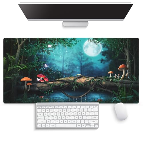 Large Gaming Mouse Pad (31.5" x 15.8") - Enchanted Forest Night Mushrooms and Fairies Fairy Tale, Extra XXL Office Accessories, Premium Stitched Anti-Slip Office Desk Mat - color: Fantasy Forest