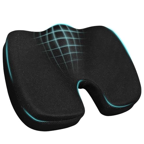 Ergonomic Seat Cushion with Memory Foam for Office Chair, Car Seat, Non-Slip Cushion, Sciatica & Tailbone Relief, Breathable Mesh Cover, Portable Handle - Black