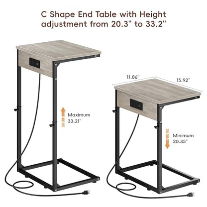 Vagusicc C Shaped End Table with Charging Station, Adjustable Height Side Table for Couch,Small Side Table Small Spaces,33.2'' Tall Couch Tables that Slide Under, Tv Tray Table for Living Room, Greige - color: Greige (1 Pack), style: With Plug