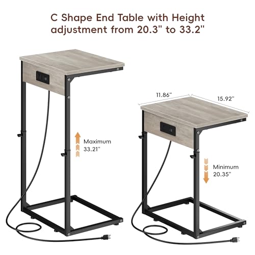 Vagusicc C Shaped End Tables Set of 2 with Charging Station, 33.2'' Tall C Table Adjustable Height Side Table, Small Side Table for Small Spaces, Couch Sofa Table TV Tray for Living Room, Greige - color: Greige (2 Pack), style: With Plug