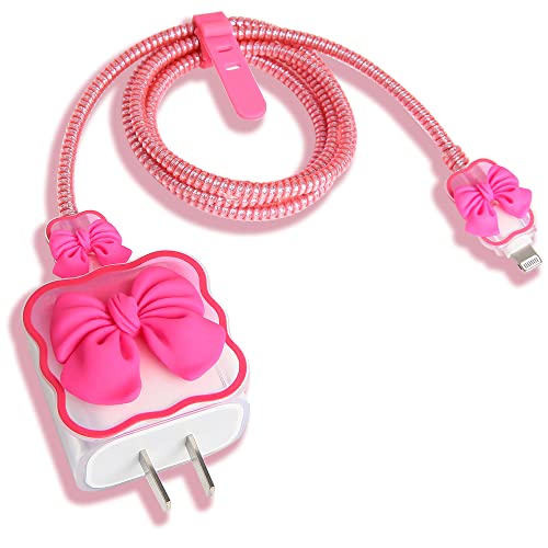 Compatible with iPhone 18W/20W USB-C Charger Cover Cute 3D Bow Tie Design Clear Soft Charger Protector Kawaii Cable Saver for iPhone 11 12 13 14 Pro Max Fast Power Adapter, Rose 2 (5in1) - color: Rose 2 (5 in 1)