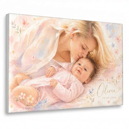 Personalized Floral Watercolor Portrait Canvas, Custom Canvas Wall Art from Photo with Name & Date, Soft Pastel Family Picture Painting, Unique Gift for Mom, Grandma, New Mom, Nursery & Home Decor - color: Style 3