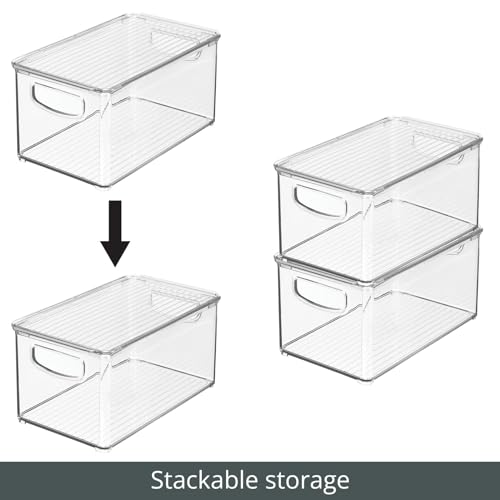 mDesign Deep Plastic Bathroom Storage Bin Box, Lid/Built-in Handles, Organization for Makeup, Hair Styling Tools, Toiletry Accessories in Cabinet, Shelves, Ligne Collection, 8 Pack, Clear