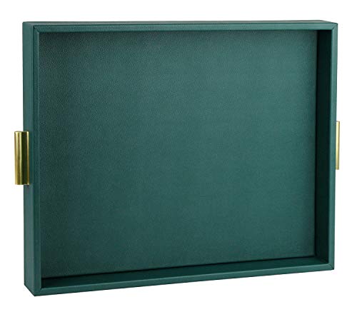 HofferRuffer Extra Large Serving Tray with Handles, Elegant Faux Leather Storage Decorative Tray for Coffee Table, Ottoman, Console Table (Green Tray+Golden Handle) - color: Green Tray+golden Handle, size: 20" x 16" x 2.2"