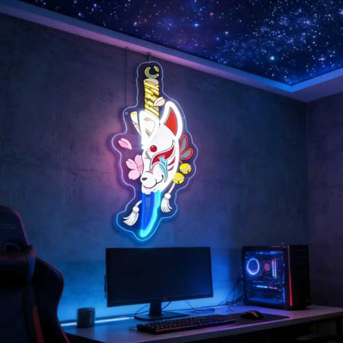 Anime Neon Sign, Japanese Fox Face Led Neon Light Signs for Wall Decor Light up Sign for Bedroom Game Room Party Decoration Birthday Gift for Girl Christmas Dimmable USB Powered(16.5"*7.4") - style: FOX