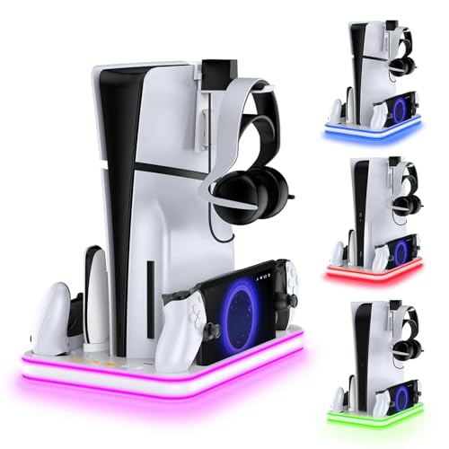 Charger Dock Compatible with PS Portal and PS5, PS5 Stand and Cooling Station with RGB LED Charging Dock, Edge Controller and Headset and Remote Holders - White - color: White