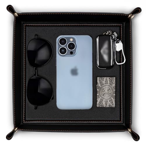 VLANDO Valet Tray Organizer, PU Leather Catchall Tray for Men | Classic valet tray for men with space for keys, wallet, watch, phone, coins and EDC accessories on desk or dresser - color: A-Black, size: 11'' x 11'' x 0.2''
