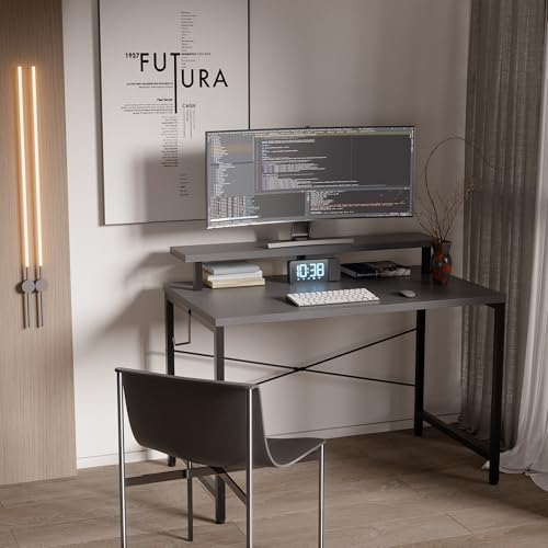 Pamray 32 Inch Small Computer Desk with Monitor Stand, Simple Office Desk with Headphone Hook for Small Spaces, Kids Study Writing Table for Bedroom, Grey - color: Grey, size: 32 Inch
