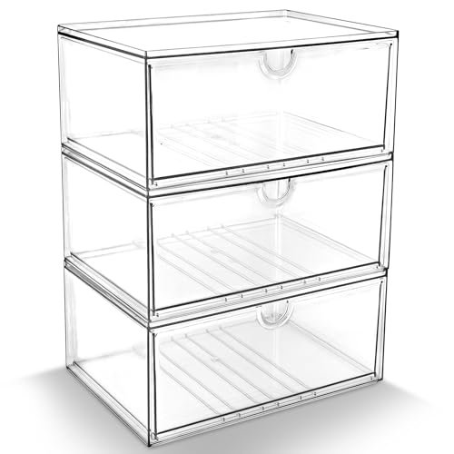 Prsildan Acrylic Makeup Organizer, 3 Pack Stackable Clear Storage Drawers for Baby Bottles Desk Organizers with 3 Drawers for Countertop Vanity Nursery Modular System for Cosmetics Jewelry - style: Style1-3Drawers