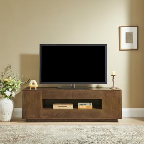 LKTART 59" Mid-Century Modern TV Stand, Solid Wood Veneer Entertainment Center with Storage Drawers & Cable Management,Eco-Friendly Paint Finish Media Console for 50/55/60/65 inch TVs,Walnut - color: 59" Walnut