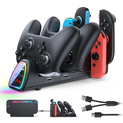 [Switch 2/1 Compatible] FASTSNAIL Charging Dock for Nintendo Switch 2/1/OLED for Joycon 2, 10 in 1 Fast Charger Station Stand for Pro Controller 2/1 with 11 RGB Modes, LED Indicator, Charger Cable - color: Matte Black, size: 6.2/7.0 /7.9 inch