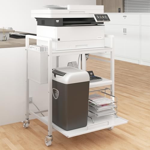Sedegn Large Printer Stand with Wheels: Lockable Rolling Printer Cart | 24 x 18 Inch Top Fits Laser Printers Shredders and PC Towers 3-Outlet Power Strip and Storage Bag for Home Office (White) - color: Matte White