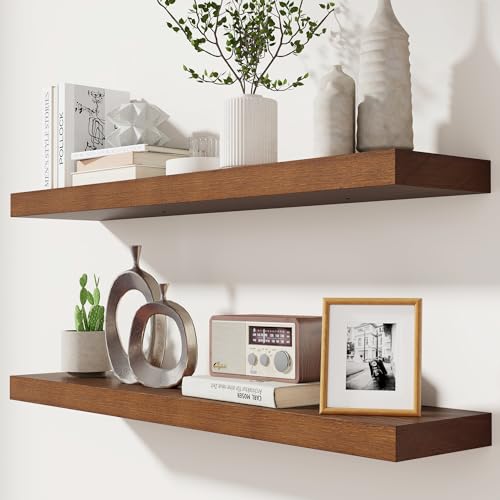 fuqing Rustic Floating Shelves for Wall, 36 Inch Floating Shelves Set of 2, Solid Dark Wood Wall Shelves for Living Room Bedroom Bathroom - color: Walnut, size: 36 Inch