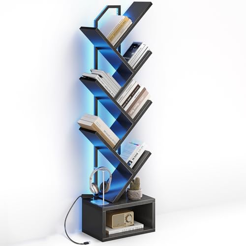 Casaottima 6-Tier Tree Bookshelf — Narrow Floor Standing Bookcase, Tall Steel & Wood Book Organizer Shelf with Cabinet, Home Decor for Living Room/Bedroom/Home Office, Black - color: Black, size: 6 Tier